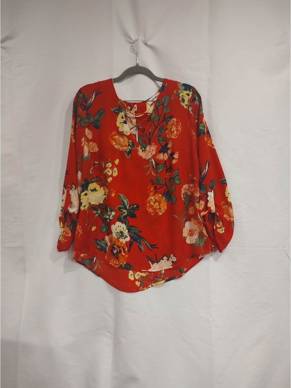 meraki Large Red Floral Lace-Up Neck Long Sleeve Blouse